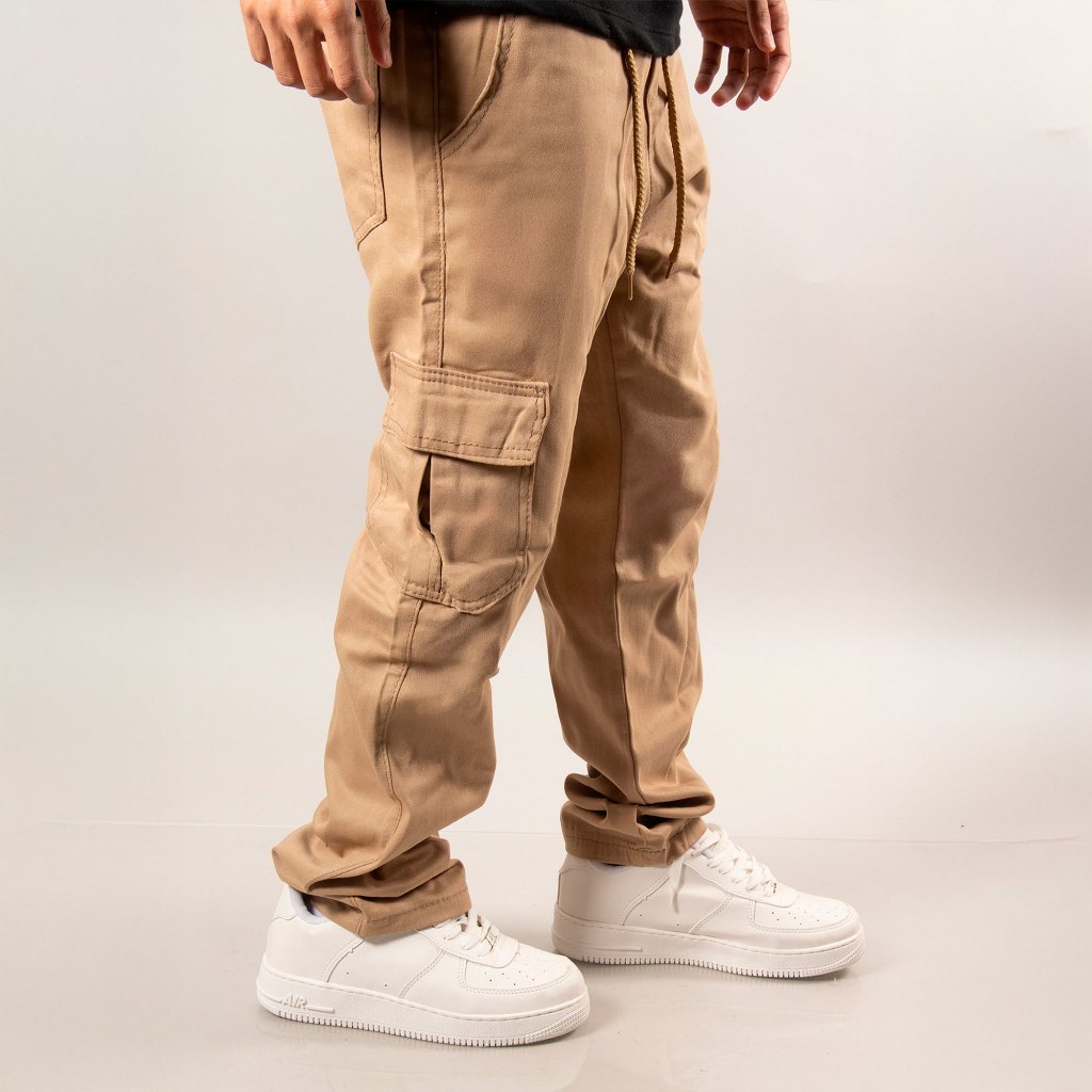 Calça Cargo com Bolso Masculina de Sarga Larga Linha Premium Caqui Bege Preto