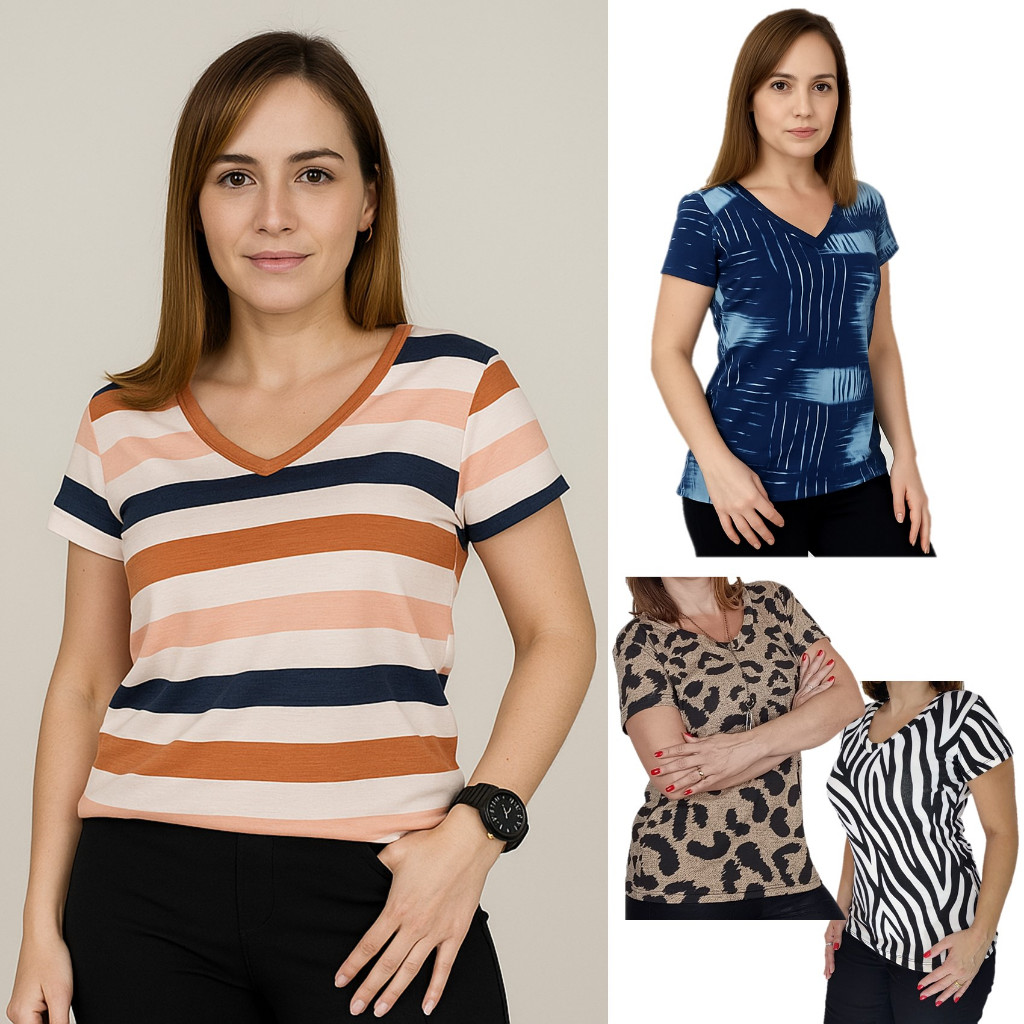 Blusa Feminina Estilosa Elegante Camiseta T-Shirt da Moda Casual Manga Curta em Viscolycra Estampada