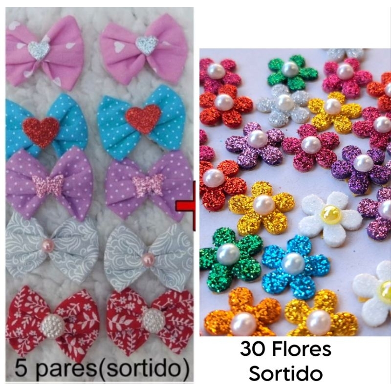 Kit 10 laços + 30 flores com gliter adesivados pet/banho e tosa em Oferta na Shopee