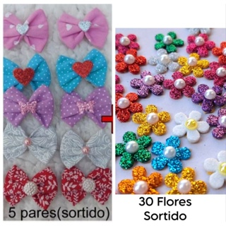 Kit 10 laços + 30 flores com gliter adesivados pet/banho e tosa em Oferta na Shopee