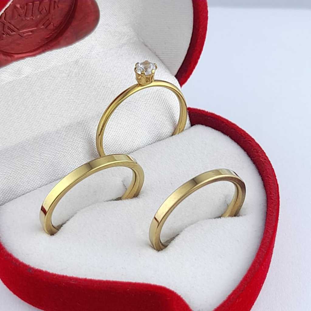 Par De Aliança Minimalista Reta 2mm + Anel Solitário Luxo Silencioso Casamento