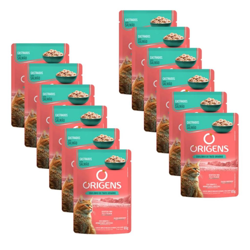 KIT 12 Sachês Origens Gatos Adultos Castrados Salmão 85g - Ração Úmida