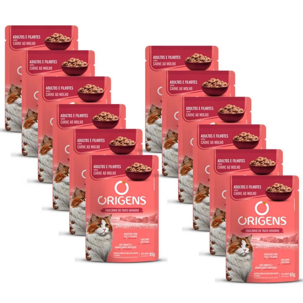 KIT 12 Origens Sachê Gatos Adultos E Filhotes Carne 85g - ADULTOS E FILHOTES