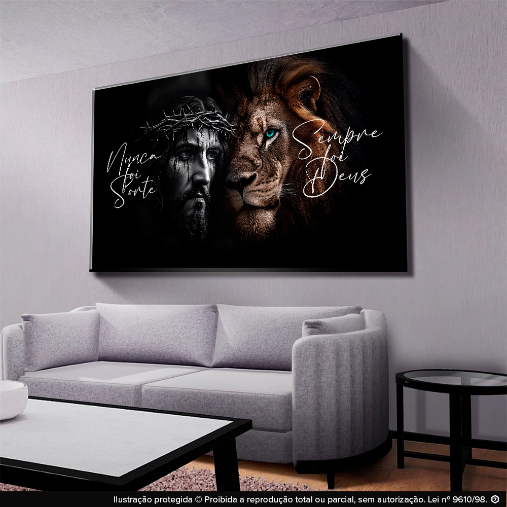 Quadro Decorativo Jesus e Leão Nunca Foi Sorte Sempre Foi Deus Arte Cristã Moderna Hall