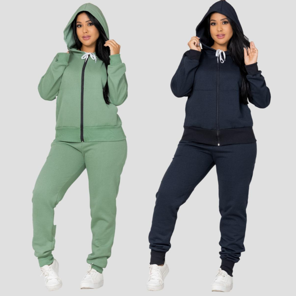 Conjunto Moletom Feminino Inverno Frio Flanelado Zíper Capuz