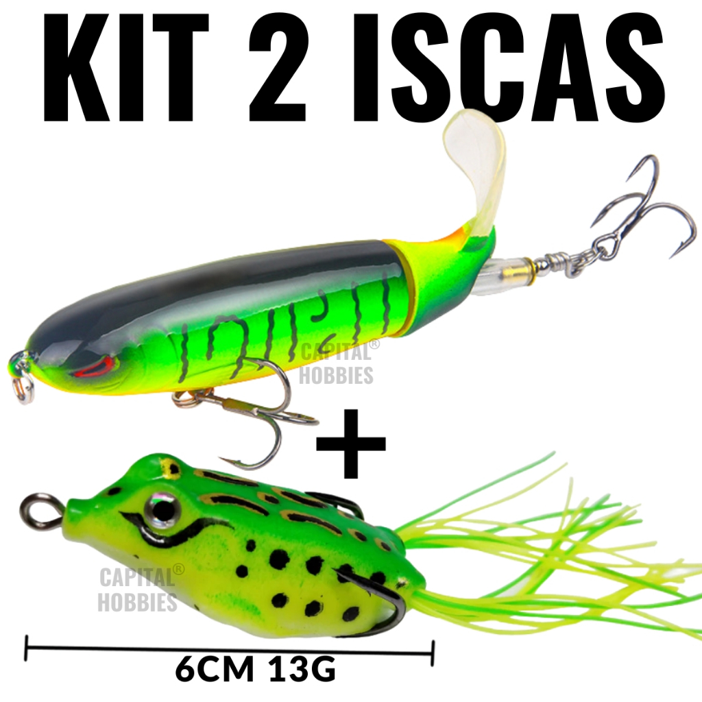 Isca artificial kit 2 unidades cauda giratória e sapo e superfície popper pesca traíra, tucunaré, black bass, dourado em Oferta na Shopee