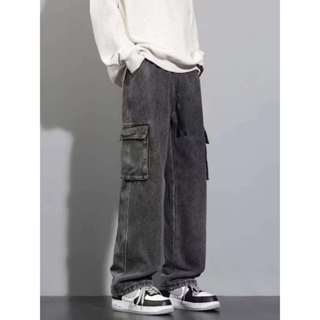 Calça Cargo Jeans Masculina Streetwear — Lavagem Vintage, Bolsos Laterais, Perna Larga p ao gg em Oferta na Shopee