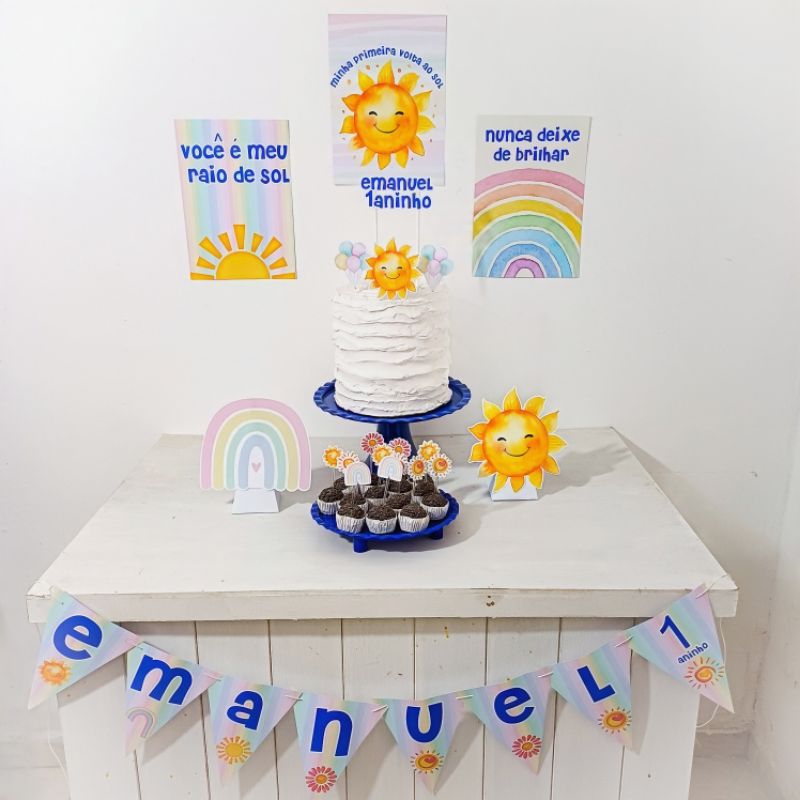 Kit Festa Minha primeira volta ao Sol menino Personalizado Só Um Bolinho Festa em Casa Aniversário Infantil  Mesversario