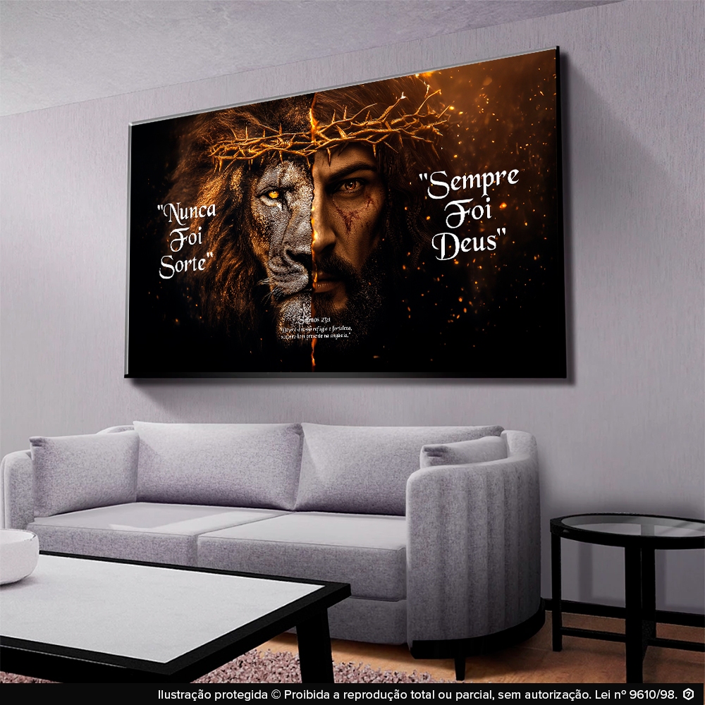 Quadro Decorativo Religioso Jesus e Leão Nunca Foi Sorte Sempre Foi Deus Salmo Sala Quarto Hall