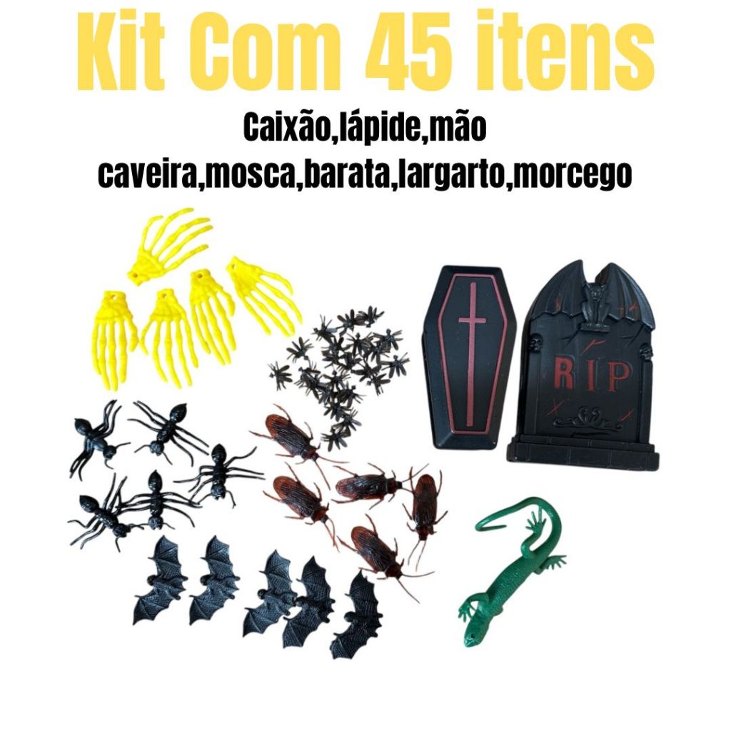 Kit Mini Insetos Realista Com Caixão e Lapide Barata Formiga Mão Caveira Morcego Mosca Enfeite Halloween Pegadinha Susto