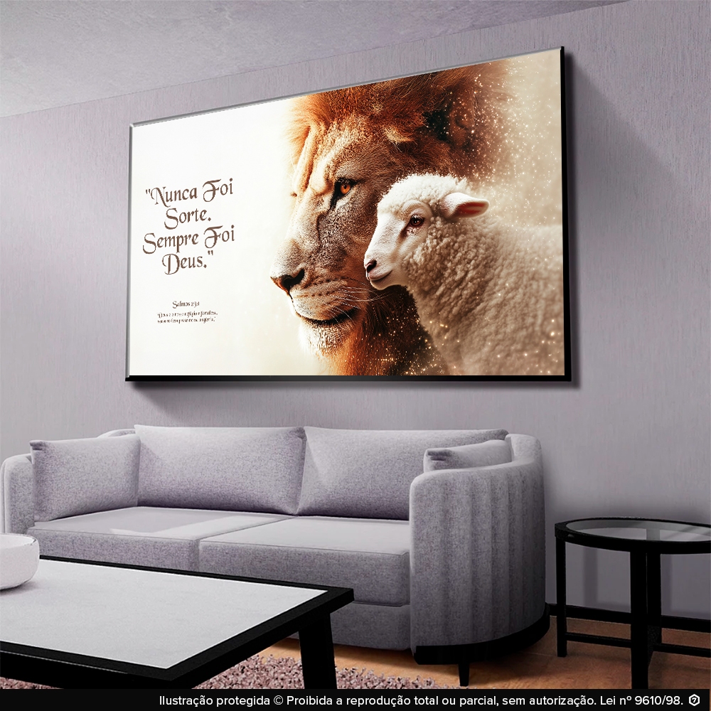 Quadro Decorativo Leão e Cordeiro Sempre Foi Deus Salmo 23:1 Religioso Sala Quarto Hall