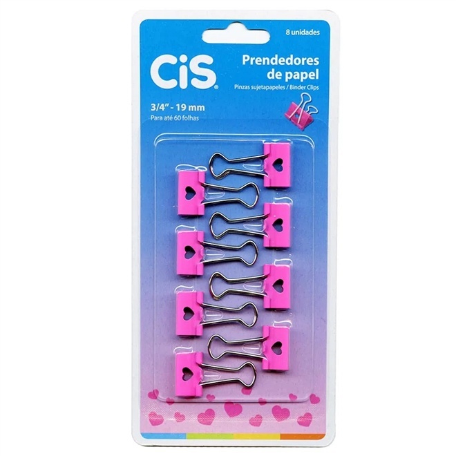 Prendedor de Papel Binder 19mm Cartela com 8 unidades Coração Rosa CIS
