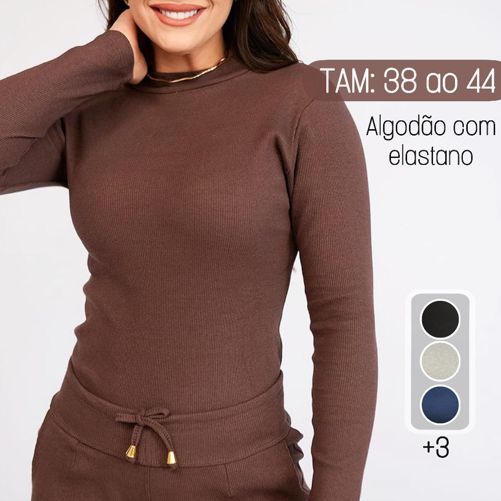 Blusa Feminina Manga Longa Canelada Ribana Algodão com Elastano Básica Premium Confortável