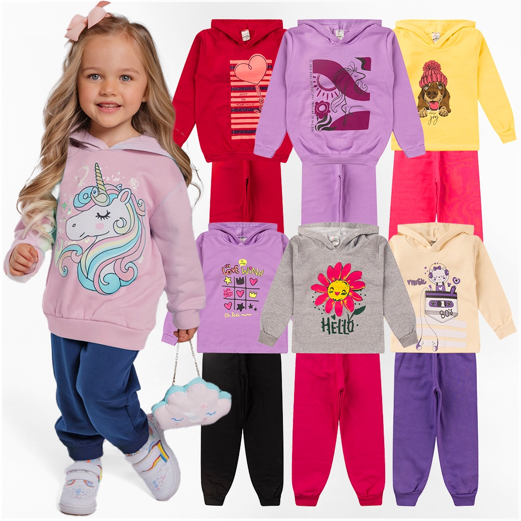 Kit Sortido de 2 ou 6 Peças Roupa Infantil Menina Inverno Moletom com Capuz 1 ao 14
