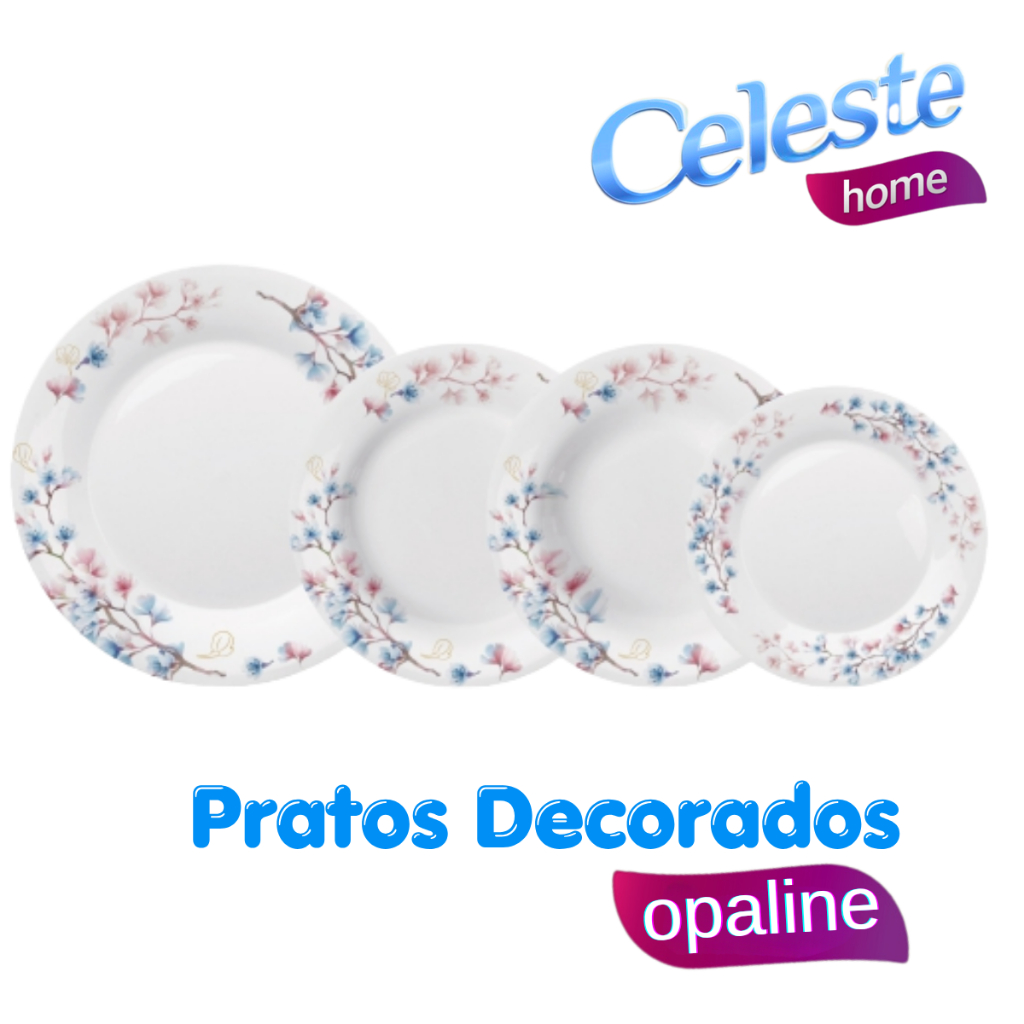 Kit Celeste de 6 Pratos Decorados Vidro Opalino Premium para Sua Mesa BELEZA E DURABILIDADE em Oferta na Shopee