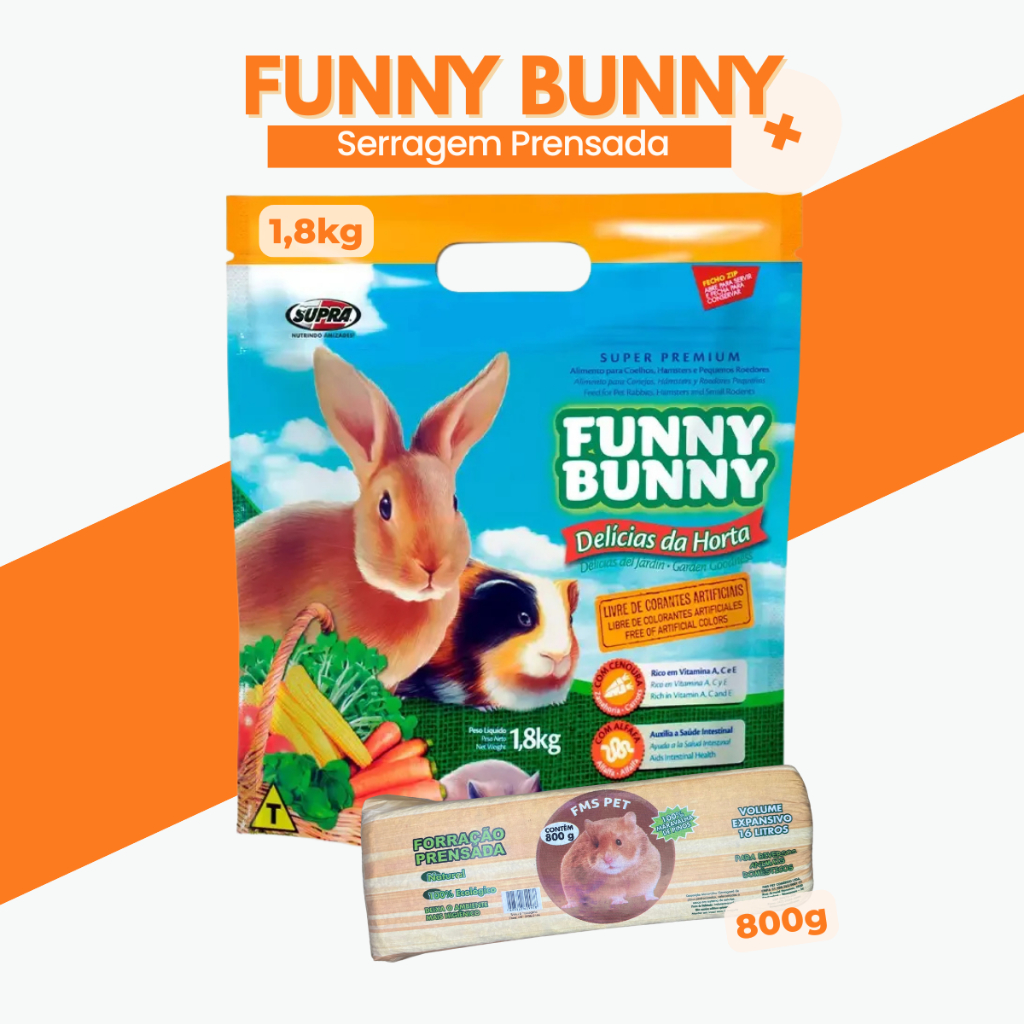 Kit 1 Ração Funny Bunny Delícias da Horta 1,8kg Supra + 1 Serragem prensada 800gr