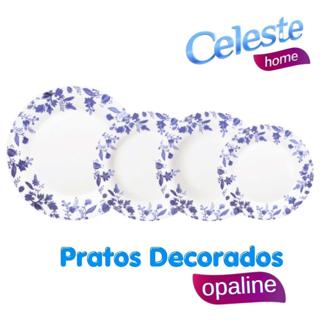 CONJUNTO DE 6 PRATOS EM VIDRO OPALINE - BRANCO DECORADO