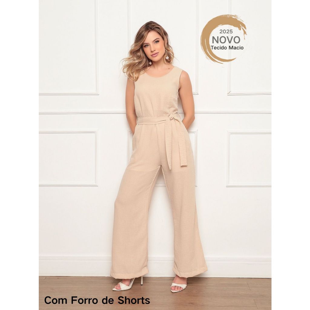 Macacão Feminino Linho Mocha Mousse Telho - Sem Mangas, Amarração na Cintura, Modelagem Solta e Confortável Elegante em Oferta na Shopee