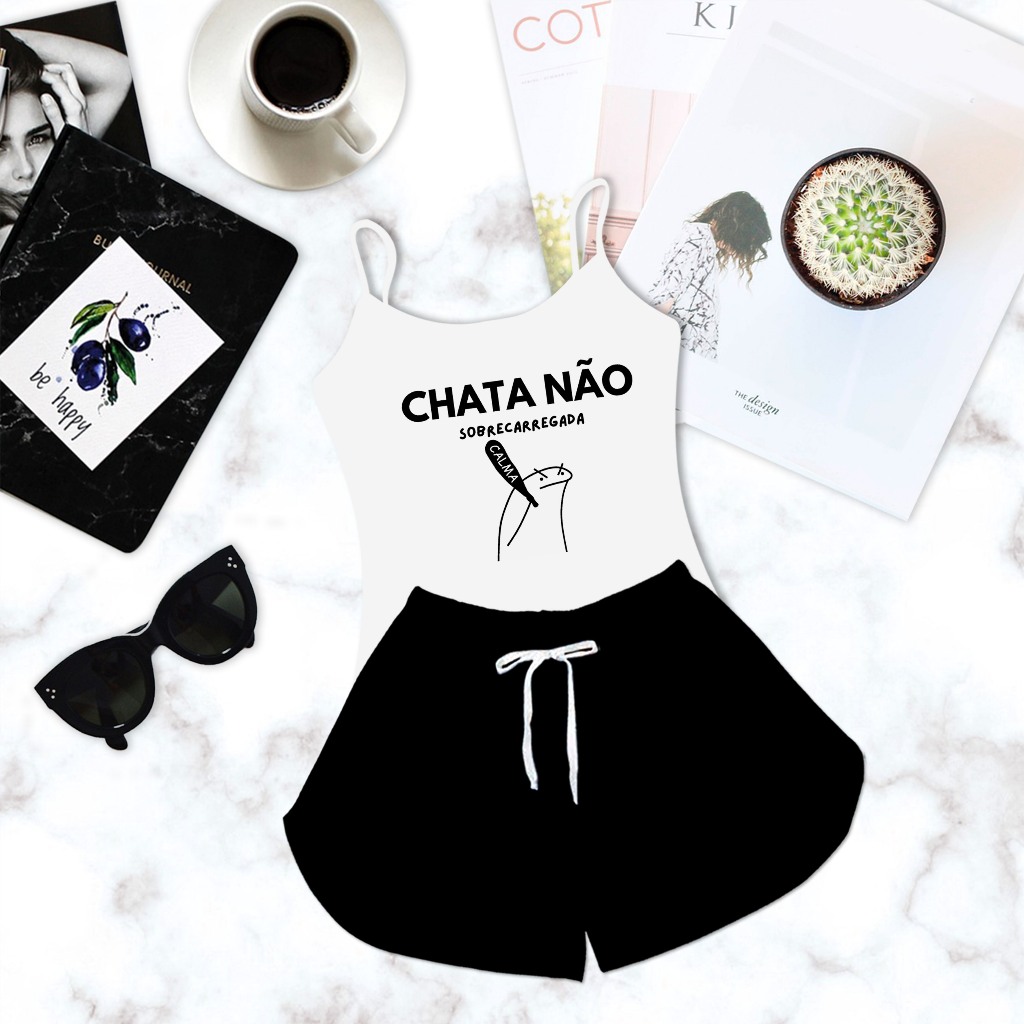 Pijama Baby Doll Feminino Branco Shorts Preto Chata Não Sobrecarregada em Oferta na Shopee