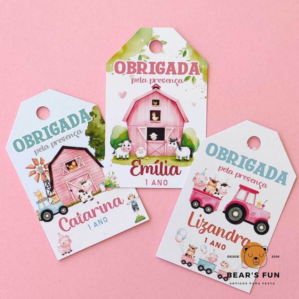 TAG Lembrancinha Fazendinha Menina • Cartão Agradecimento com Nome e Idade • Festa•Aniversário•Personalizado