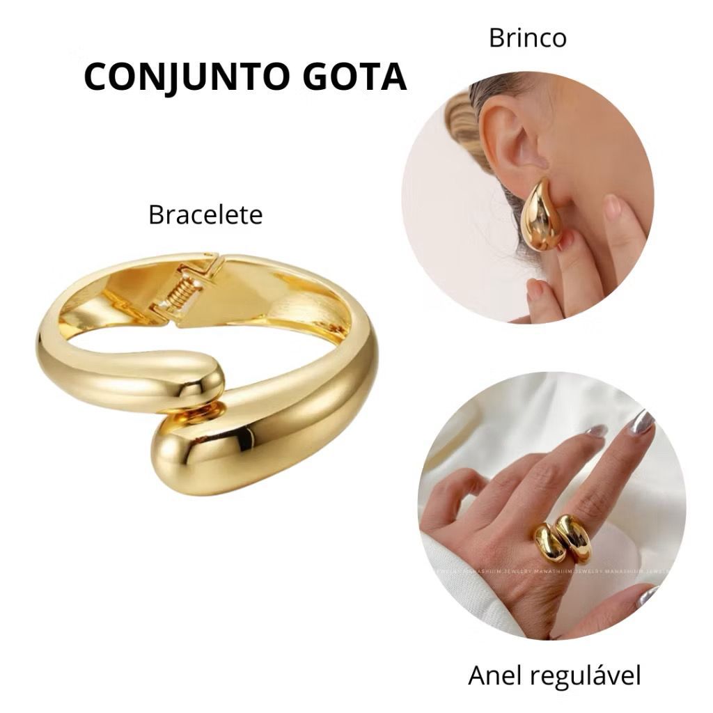 Conjunto Feminino Gota Médio – Brincos, Bracelete e Anel Dourado ou Prata, Moda Elegante Bijuterias