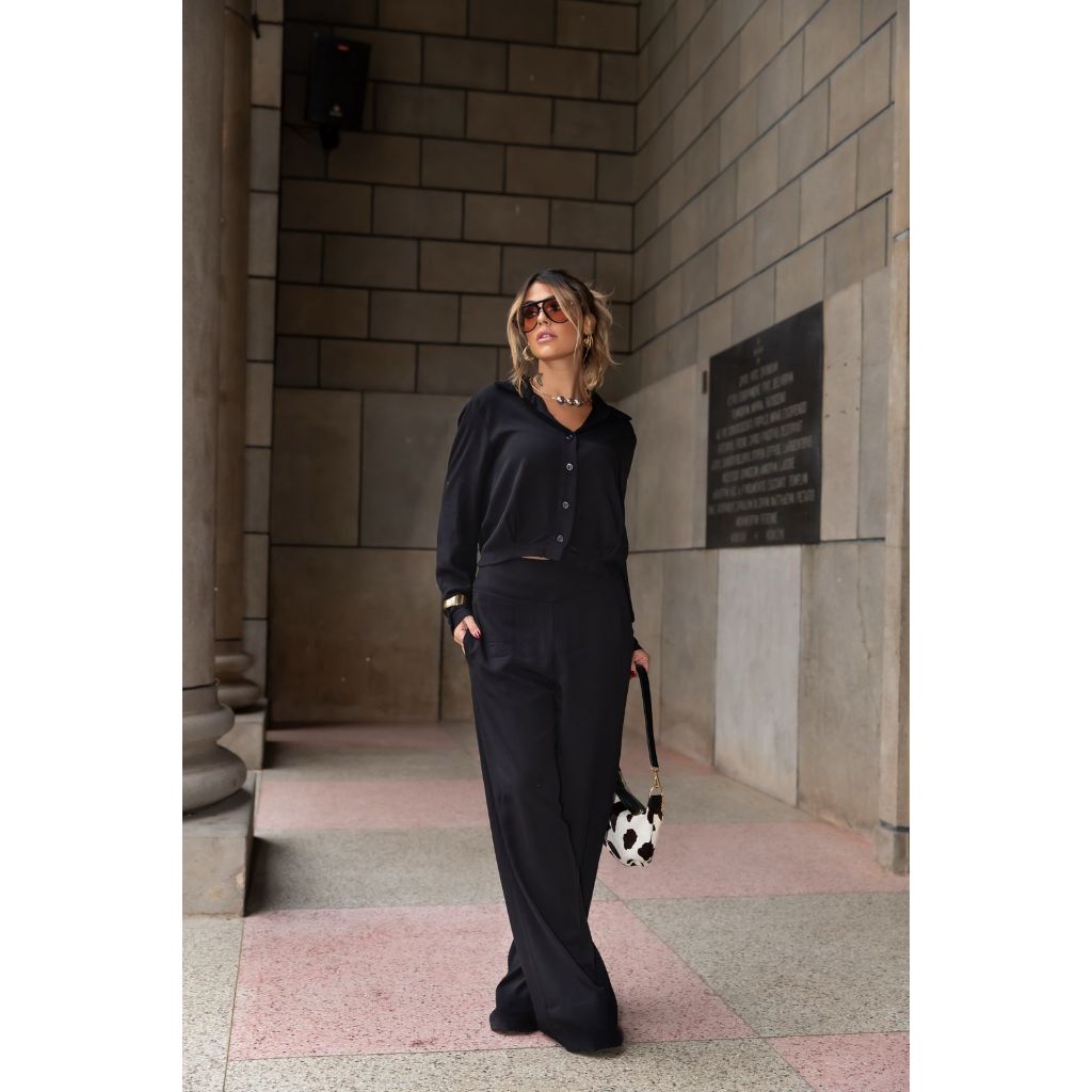Conjunto Feminino Valeria Calça Pantalona Forrada Camisa Manga Longa Viscolinho Evangélica