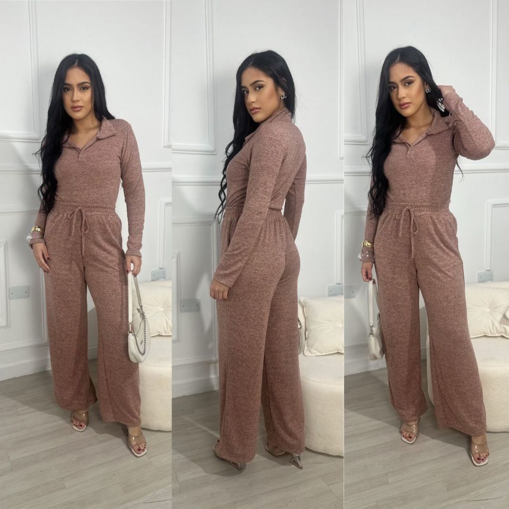 Conjunto em Lanzinha Blusa Polo + Calça Pantalona Cintura Alta Tamanhos M e G Outono/Inver...