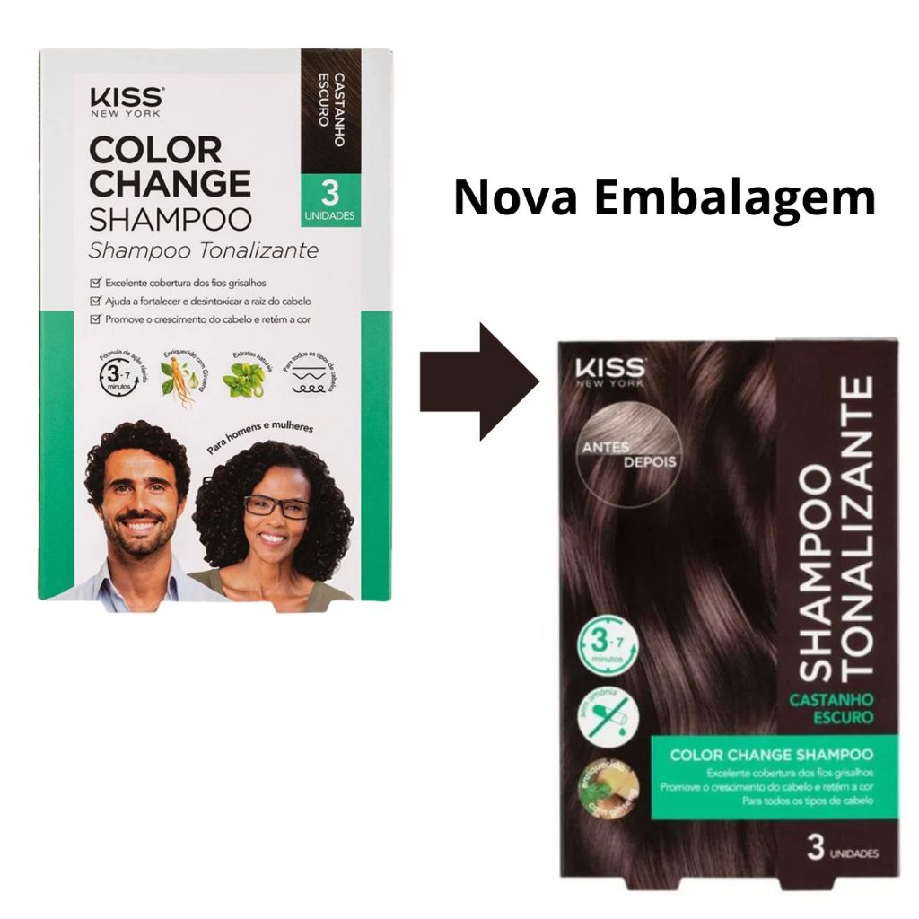 Kiss New York Color Change Shampoo Tonalizante Castanho Escuro c/ 3 Sachês