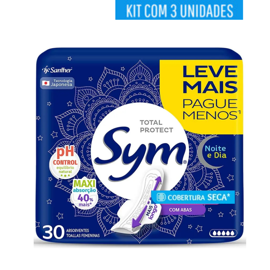 Kit 3 Absorvente Sym Noite&dia 30 Unidades Com Abas Cobertura Seca