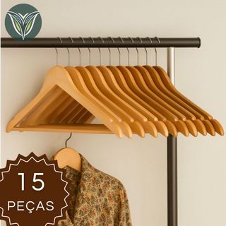 KIT 15 Conjunto Cabide De Madeira Marfim com Verniz Antideslizante Organizador Loja Roupa Closet Armario Adulto Infantil