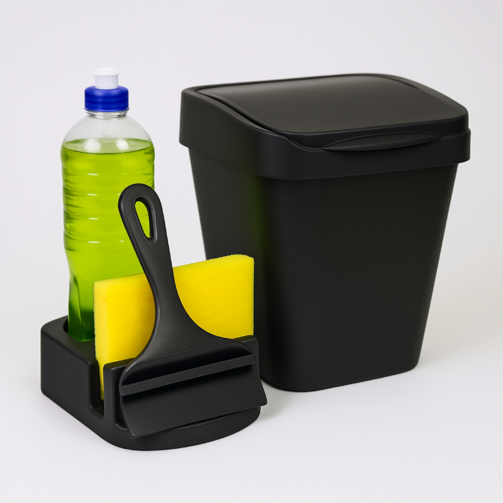 Kit Organização Pia Lixeira 4,8 Litros e Suporte Detergente e Bucha Esponja  e Rodinho Preto