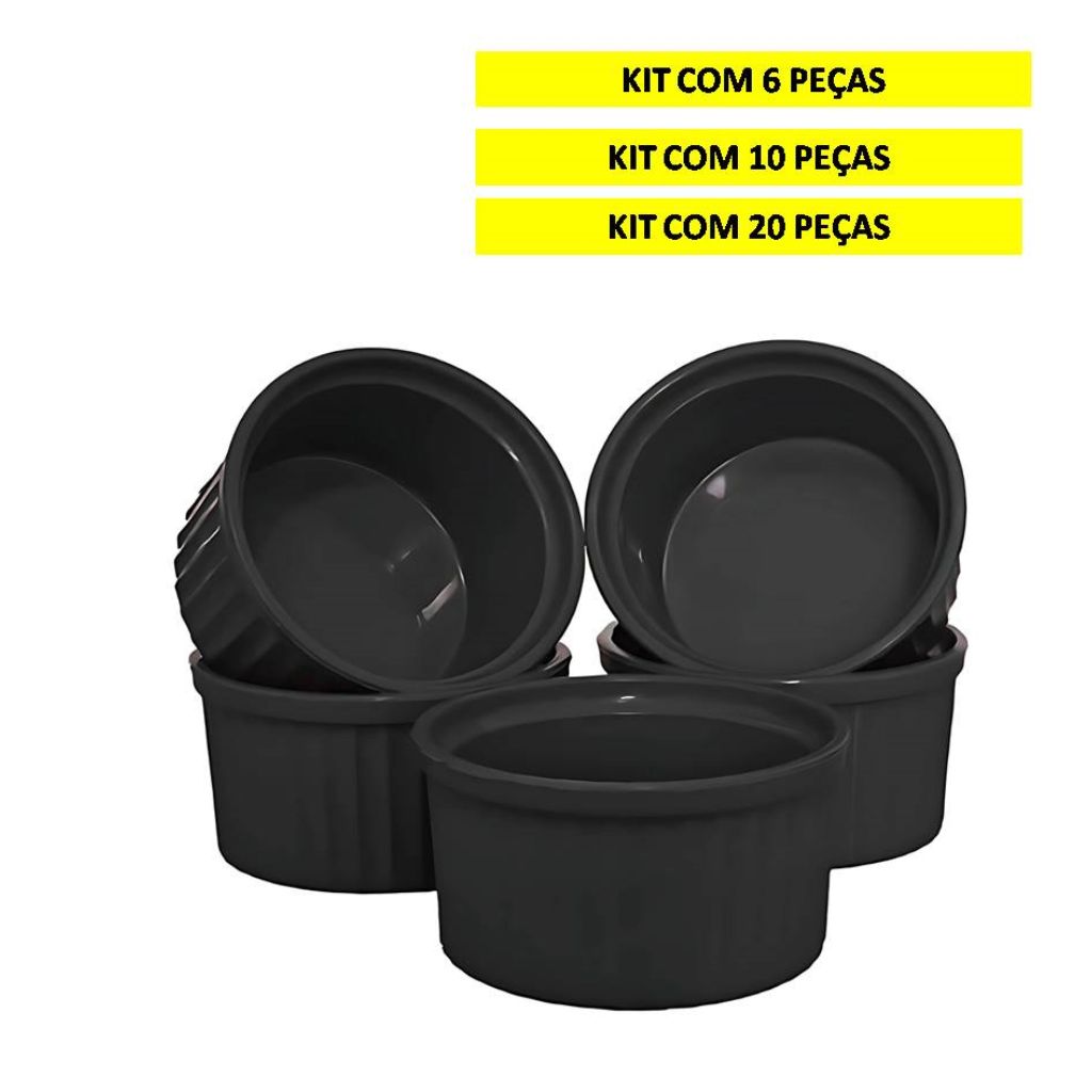 Kit 20-10-6 Unidades Ramequim Ramekins Preto Pequeno e Médio Plástico Polipropileno
