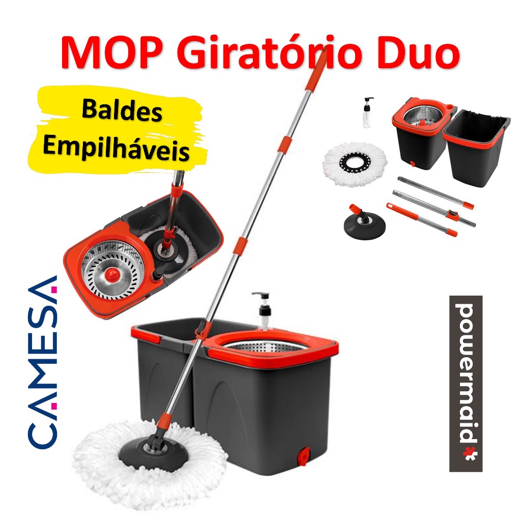Mop Giratório Duo Inox Esfregão Desmontável Dois Baldes Inox Powermaid Camesa
