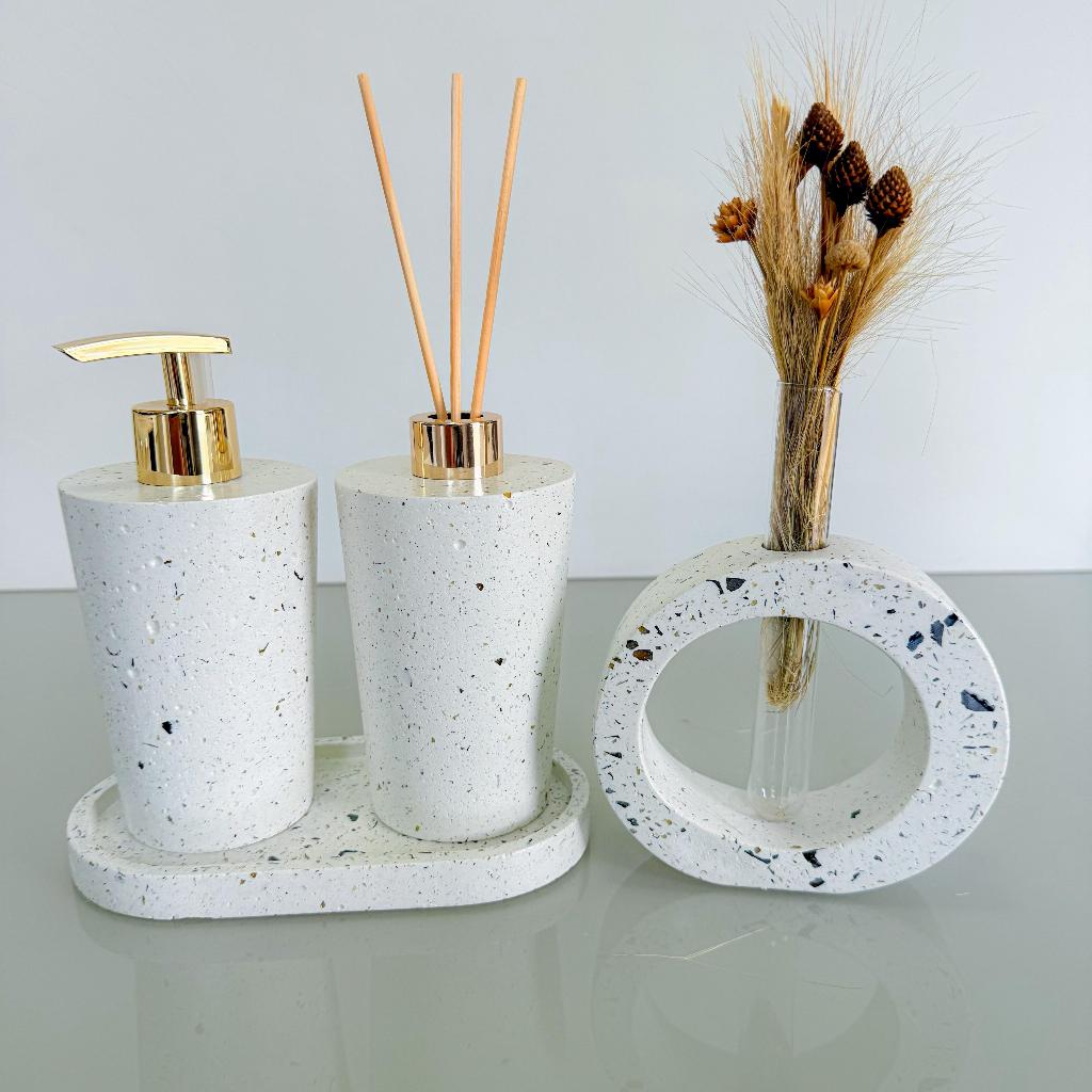 Kit Decoração 4 Peças - Bandeja Sabonete Difusor Vaso Hidropônico Com Tubo