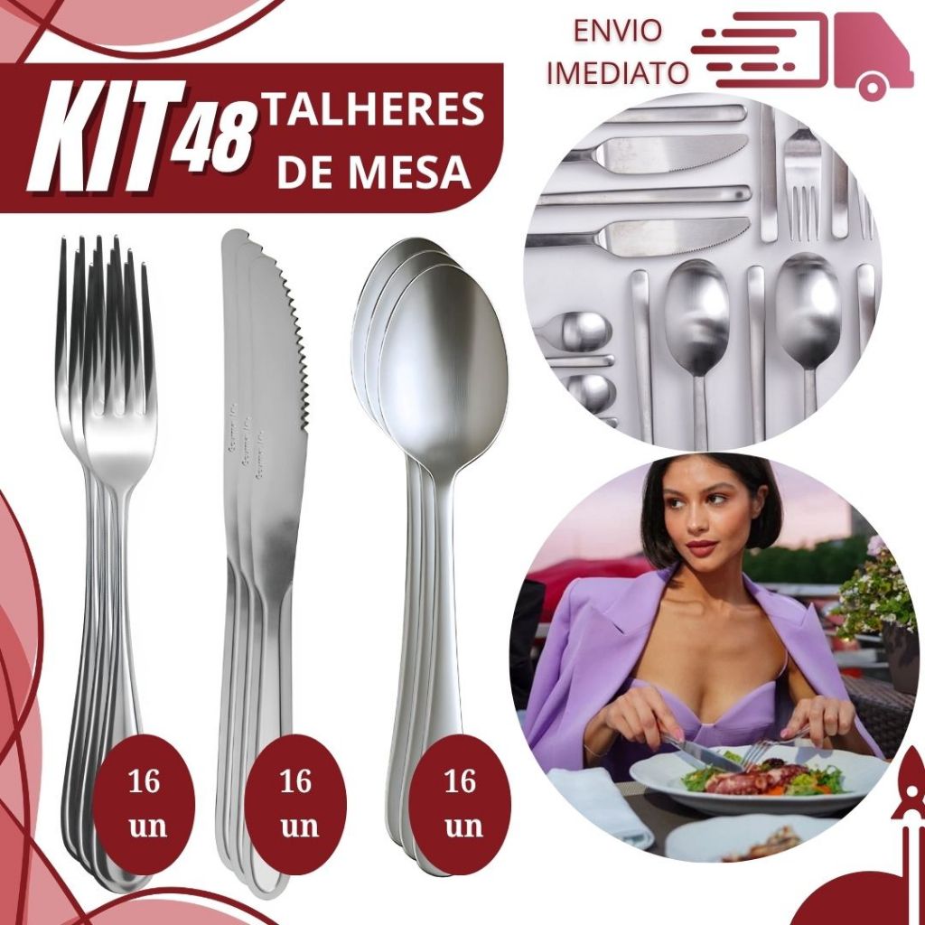 Kit 48 Talher Premium Colher Garfo e Faca Aço Inoxidável para Casa Cozinha Restaurante e Buffet