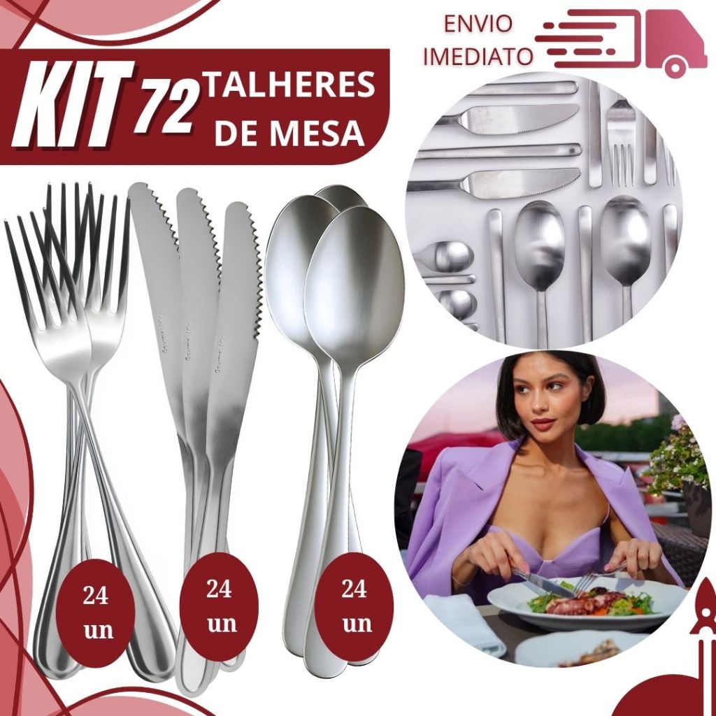 Kit 72 Talher Colher Garfo e Faca Premium Aço Inoxidável para Restaurante Buffet Cozinha e Casa