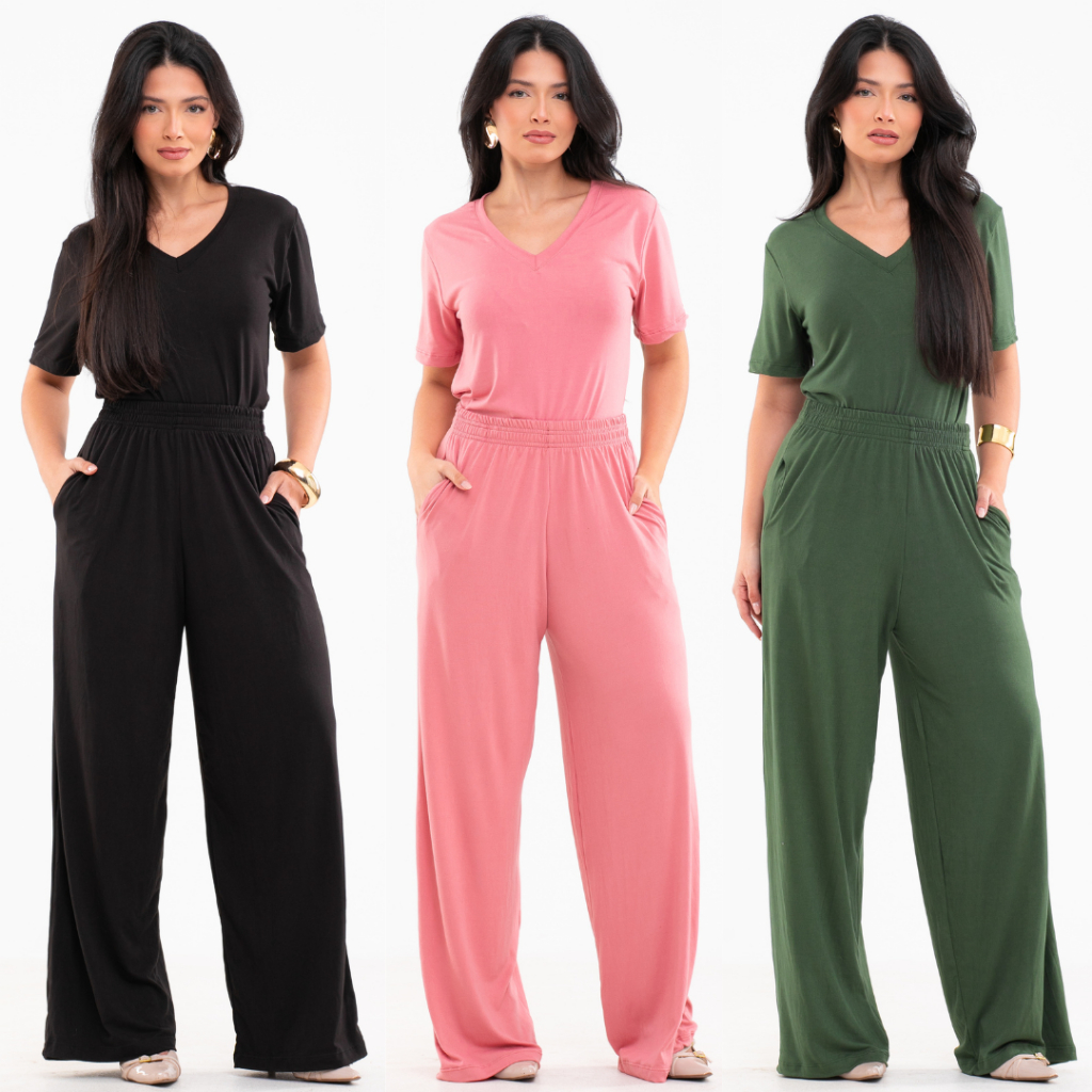 Conjunto Blusa e Pantalona em Malha Suede Light Leve e Macia Calça com Bolsos Blusa Gola V Fardamento Confortável em Oferta na Shopee