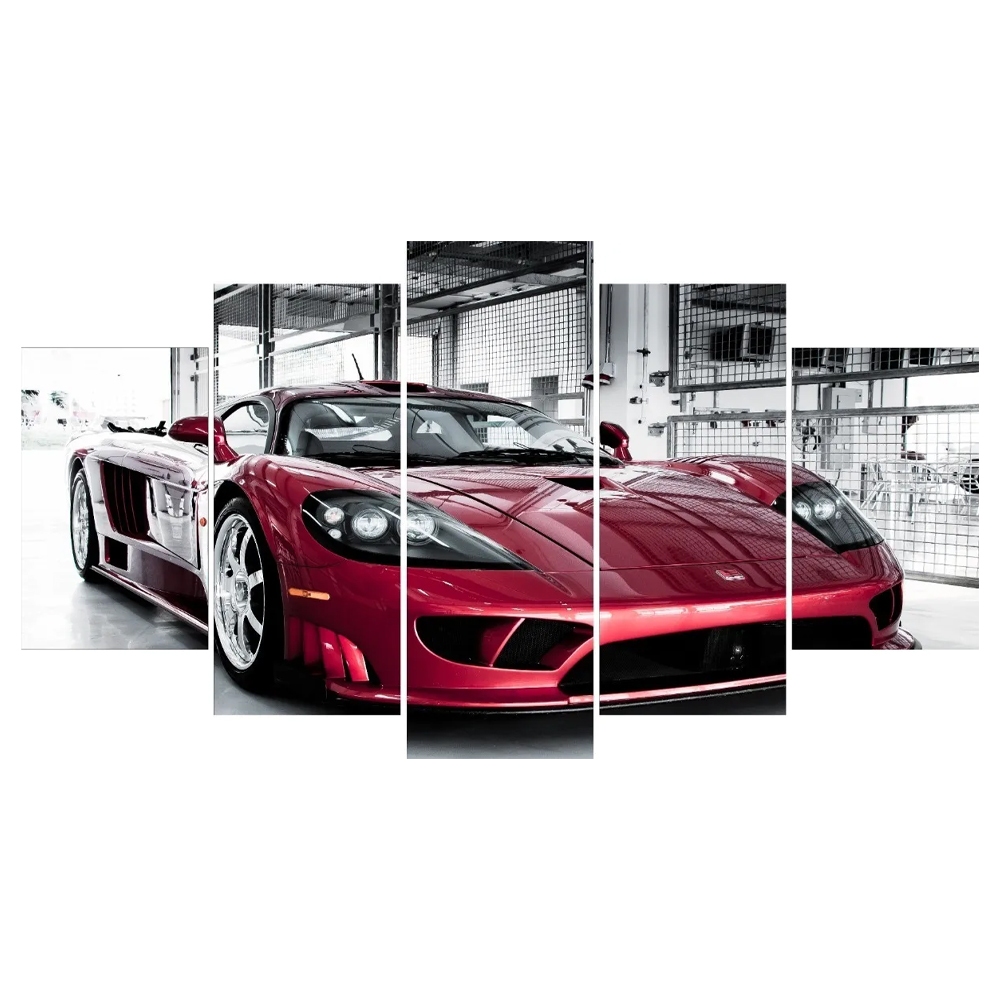 Quadro Decorativo Mosaico 5 Peças Ferrari Vermelha Antiga Carro Automovel Luxo Sala Quarto