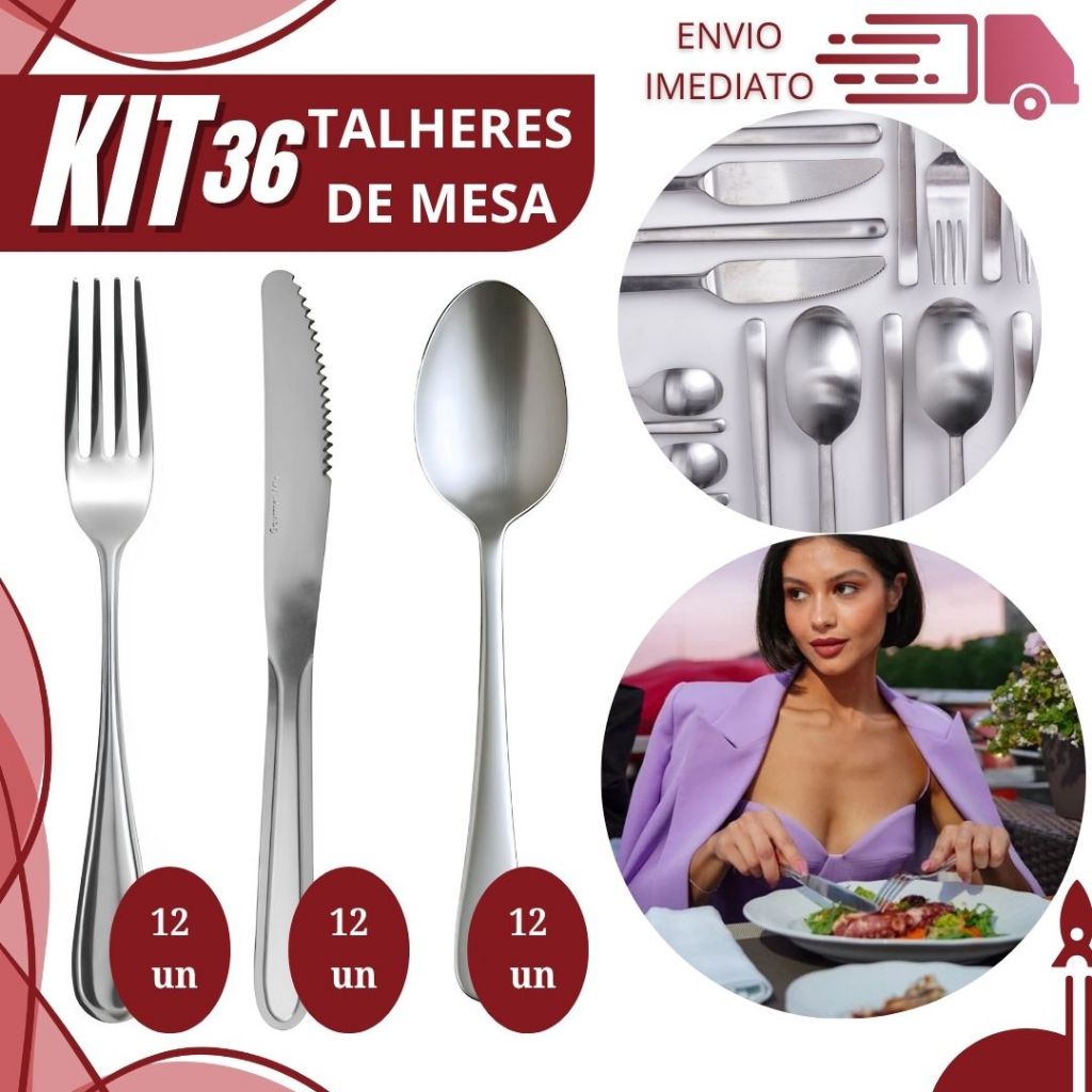 Kit 36 Talher Garfo Faca e Colher Premium Aço Inoxidável para Casa Cozinha Buffet e Restaurante