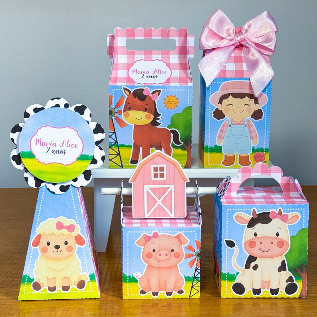 Kit Festa Fazendinha menina Personalizado | Lembrancinhas | Festa | Aniversário | Caixa Milk Pirâmide