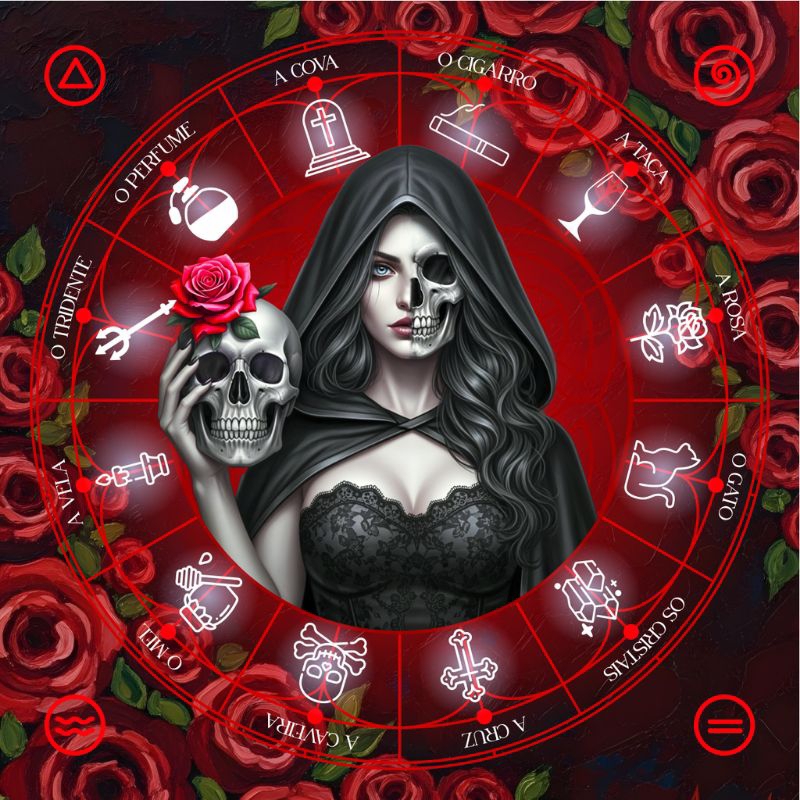 Toalha para Mesa Tarot e Baralho Cigano - 70x70cm - Mandala de Rosa Caveira - Vermelha