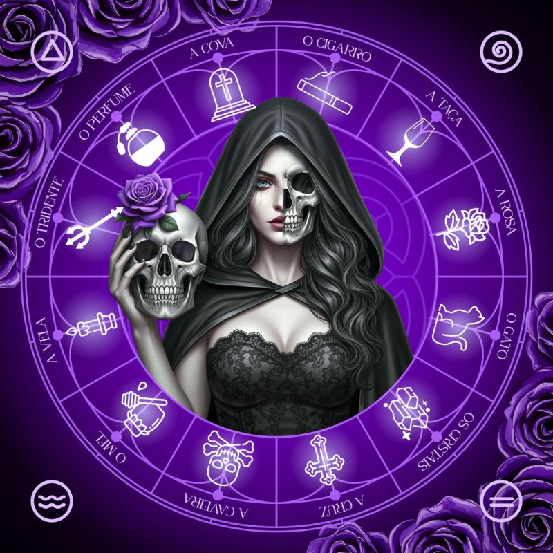 Toalha para Mesa Tarot e Baralho Cigano - 70x70cm - Mandala Rosa Caveira - Roxa