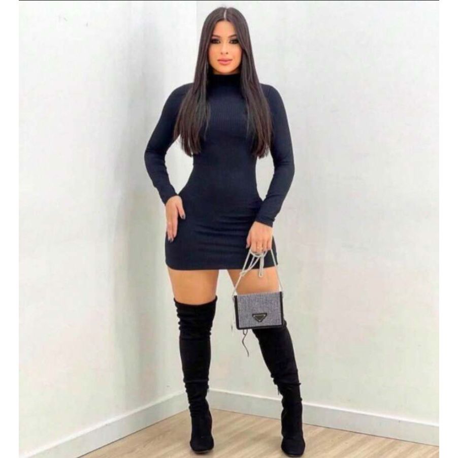 Vestido canelado Feminino Inverno Canelado Promoção para o frio em Oferta na Shopee