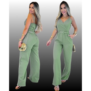 Macacão Longo Feminino Alfaiataria Social Alça Fina Com Cinto Festa Eventos em Oferta na Shopee