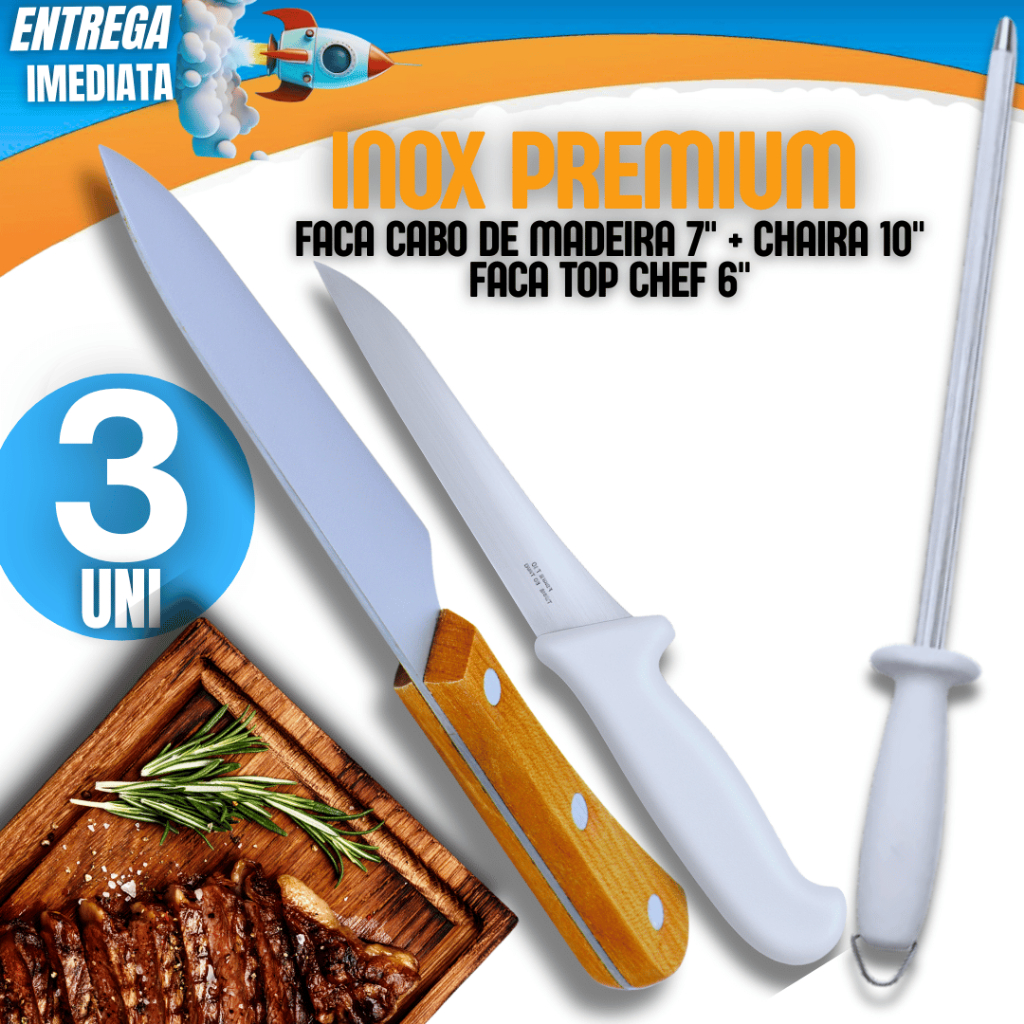 Jogo 03 Unidades - Faca 6" Top Chef Premium + Faca com Cabo de Madeira + Chaira 10" Variáveis Utilidades