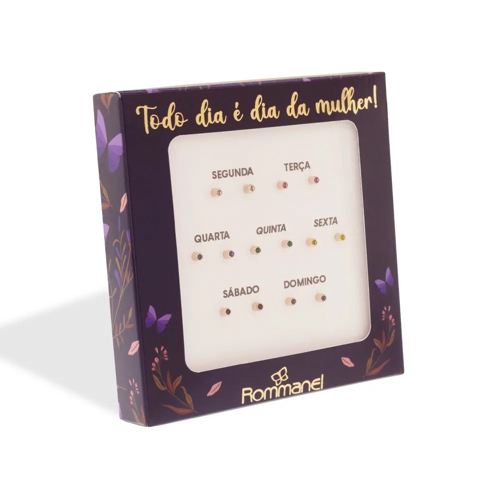 Kit brinco romanel semaninha 7 pares banhado a ouro 18k com cristais