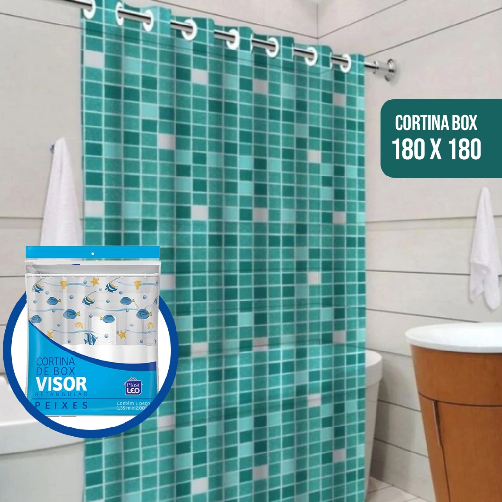 Cortina BOX Poliéster 180cm x 180cm com ganchos Impermeável - Antimofo, cortina banheiro, resistente