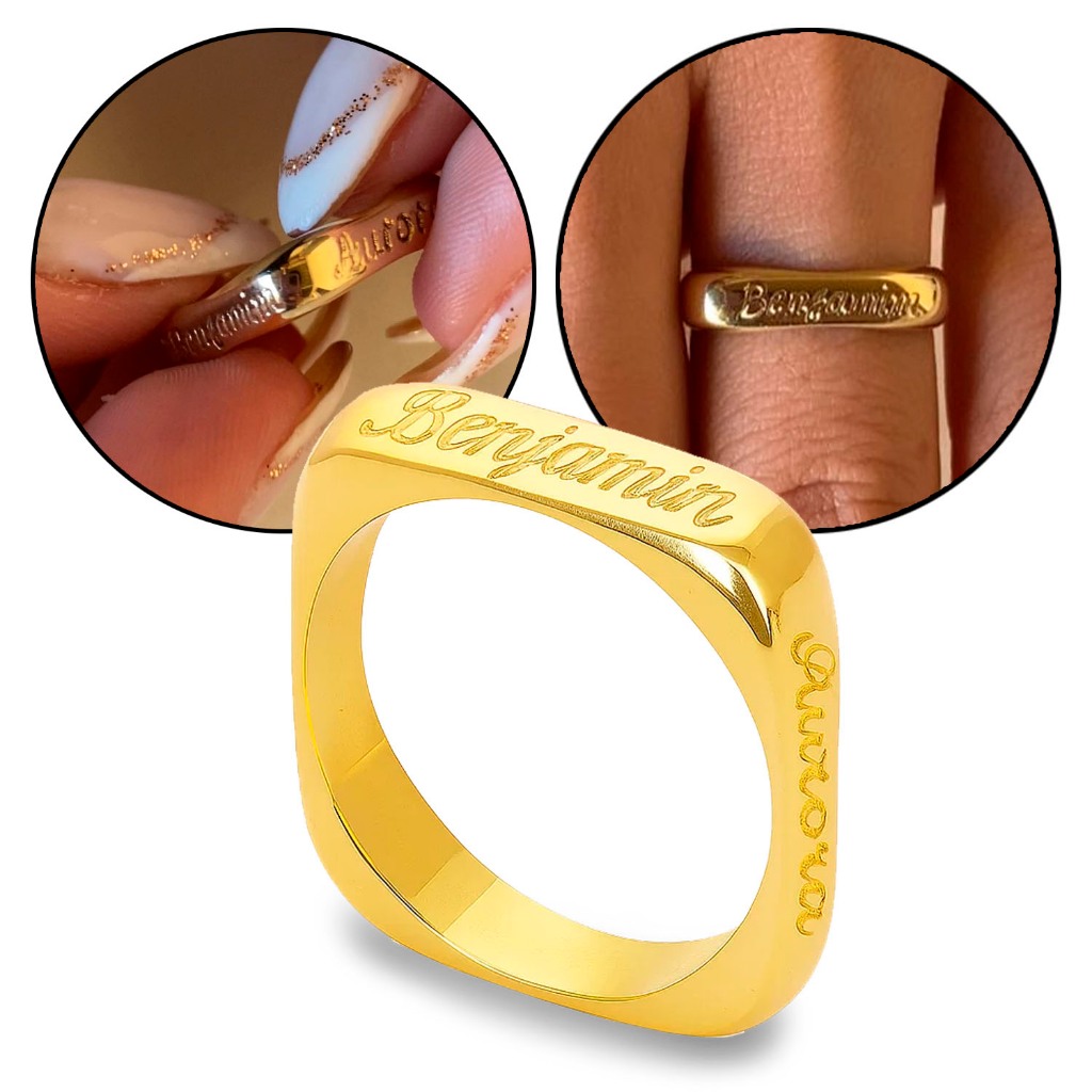 Anel Quadrado Em Moeda Antiga Com Gravação De Nomes Personalizado em Oferta na Shopee