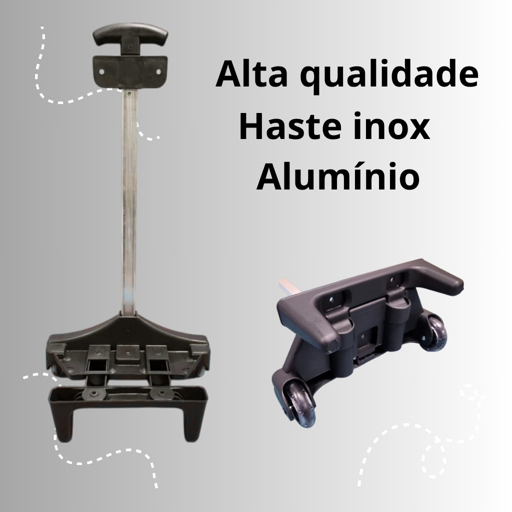 Carrinho Suporte para Mochila 42 cm Preto Inox Haste de Alumínio com Rodas em Gel