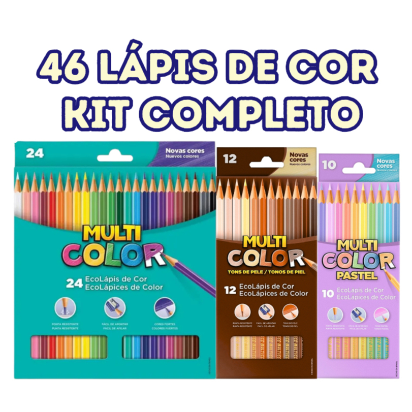 Kit com 46 Lápis de Cor – 24 Tradicionais + 10 Tons Pastéis + 12 Tons de Pele – Desenhos e Escolas